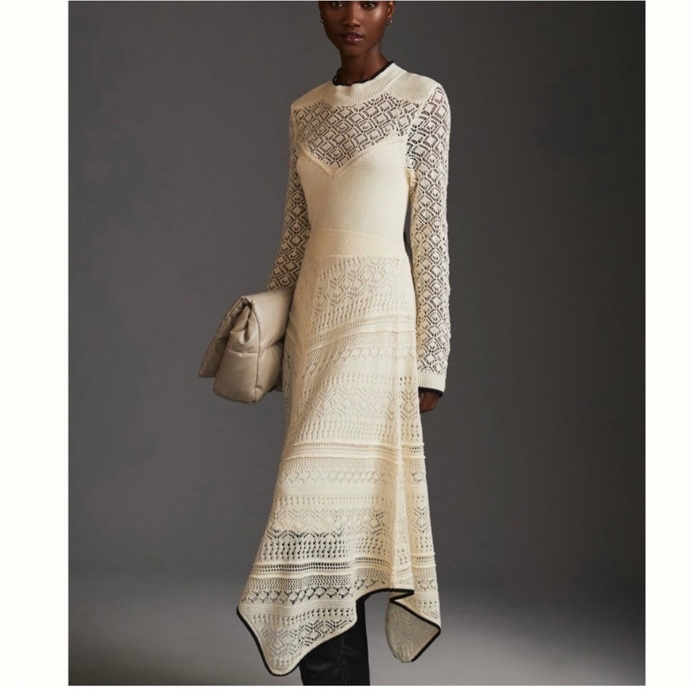 Anthropologie Pointelle Knit Handkerchief Hem Midi Dress Ivory Black Trim Small